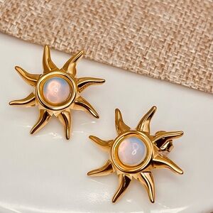 Stunning Gold Sunburst Design with Opal Gemstone Center Stud Statement Earrings